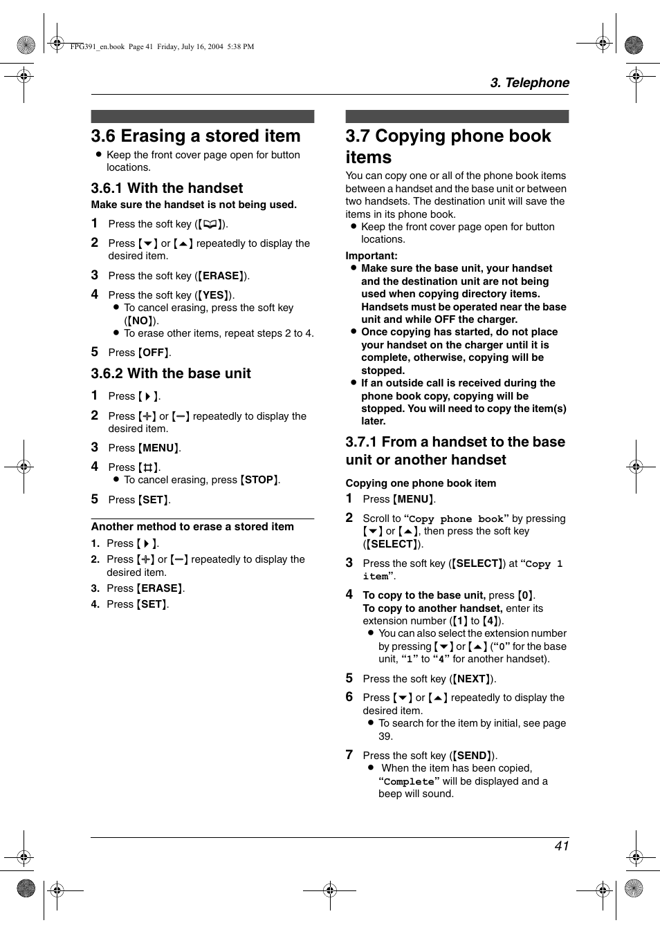 6 erasing a stored item, 7 copying phone book items, Erasing a stored item | Copying phone book items, 6 erasing a stored item, 7 copying phone book items, 1 with the handset, 2 with the base unit | Panasonic KX-FPG391 User Manual | Page 43 / 126