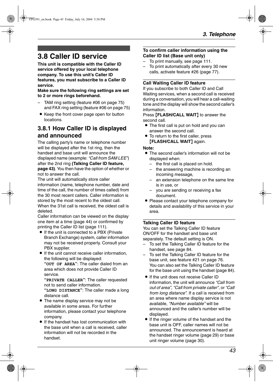 Caller id, 8 caller id service, Caller id service | 8 caller id service, 1 how caller id is displayed and announced, Telephone 43 | Panasonic KX-FPG391 User Manual | Page 45 / 126
