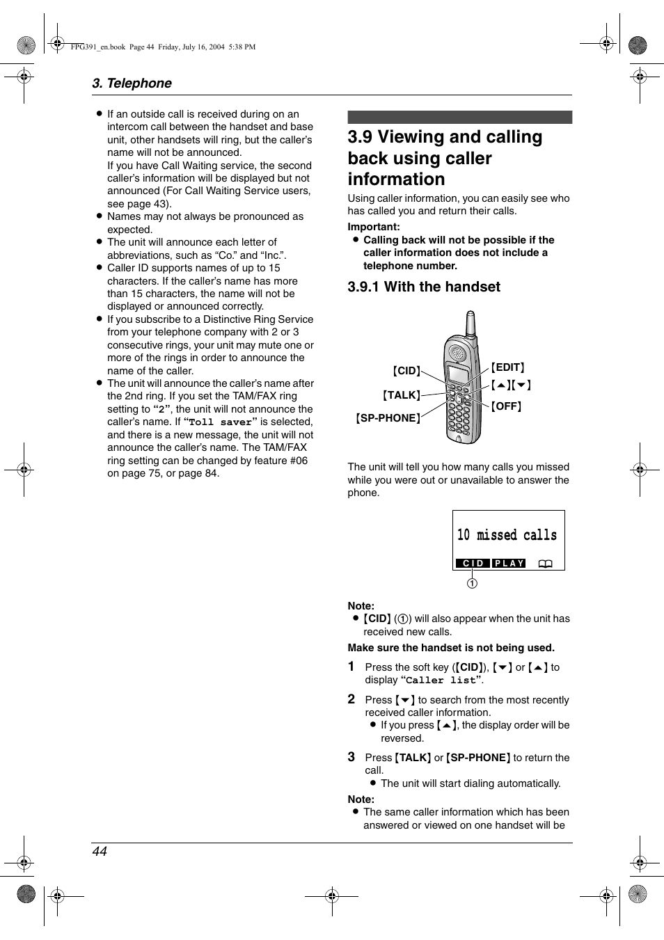 Viewing and calling back using caller information, 10 missed calls, 1 with the handset | Panasonic KX-FPG391 User Manual | Page 46 / 126