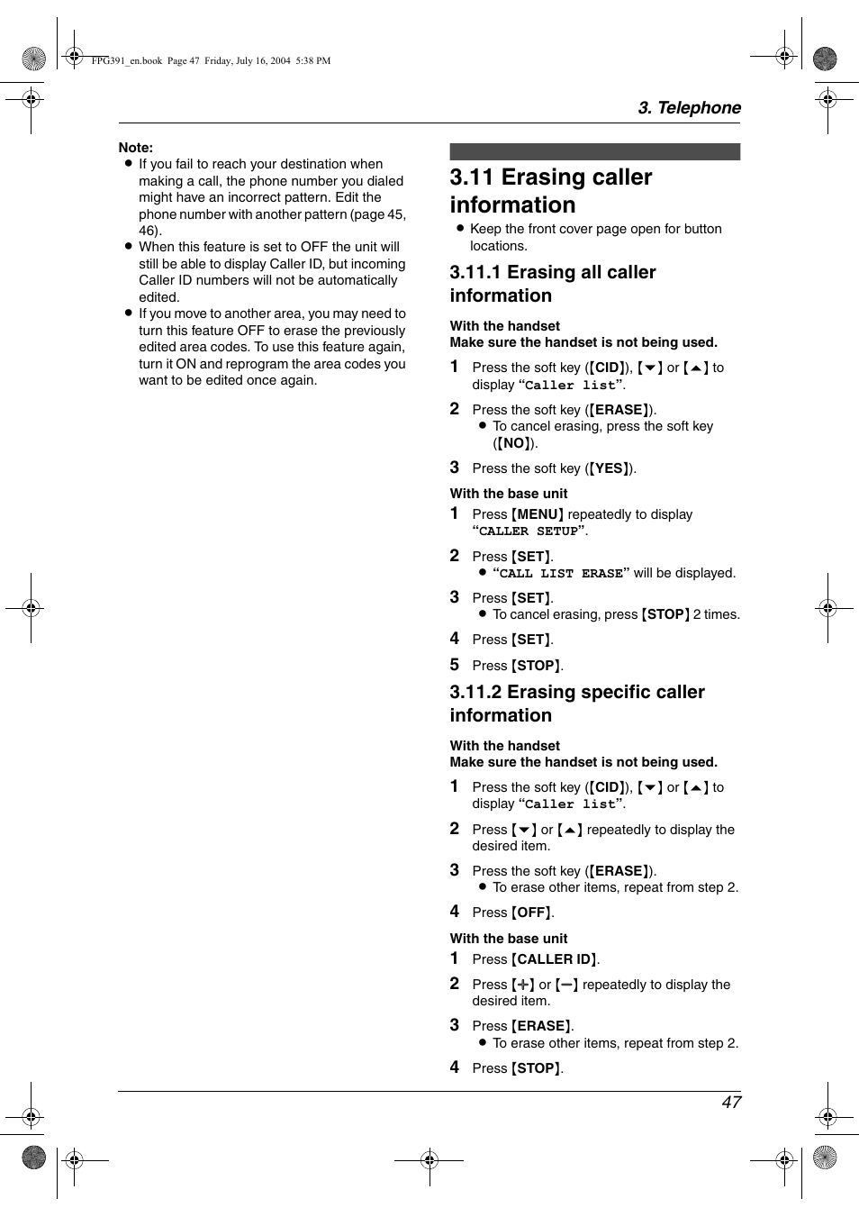 11 erasing caller information, Erasing caller information, 11 erasing caller information | 1 erasing all caller information, 2 erasing specific caller information | Panasonic KX-FPG391 User Manual | Page 49 / 126