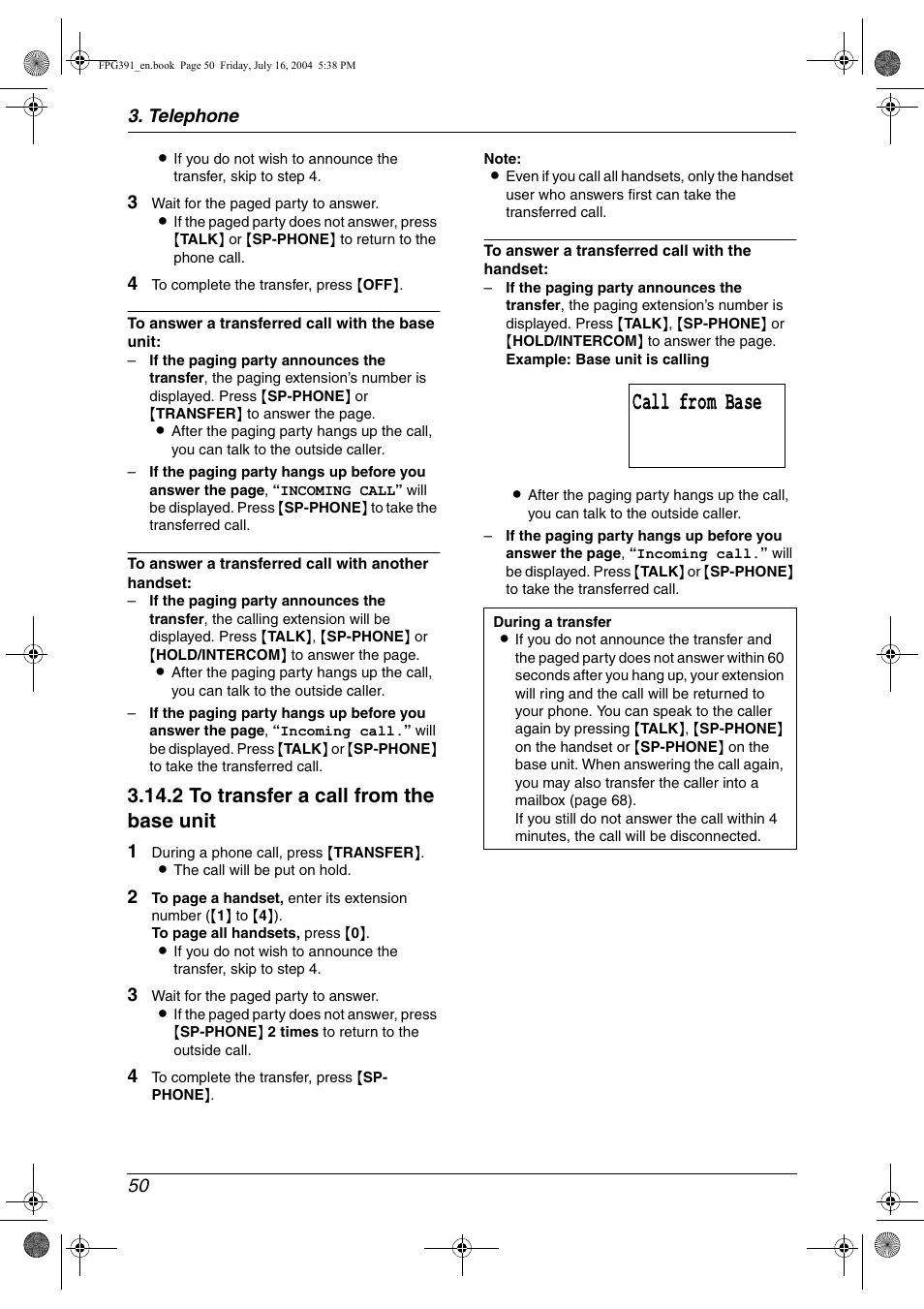 Call from base, 2 to transfer a call from the base unit | Panasonic KX-FPG391 User Manual | Page 52 / 126