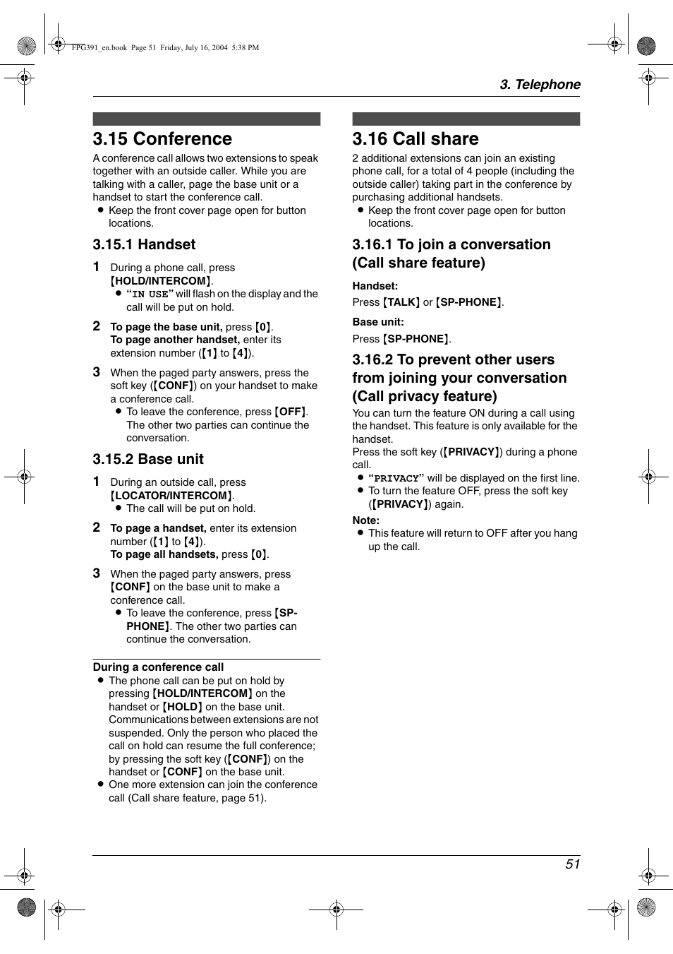 15 conference, 16 call share, Conference | Call share, 15 conference, 16 call share, 1 handset, 2 base unit, 1 to join a conversation (call share feature) | Panasonic KX-FPG391 User Manual | Page 53 / 126