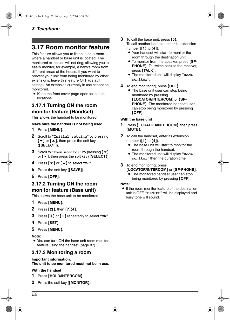 17 room monitor feature, Room monitor feature, 17 room monitor feature | 1 turning on the room monitor feature (handset), 2 turning on the room monitor feature (base unit), 3 monitoring a room | Panasonic KX-FPG391 User Manual | Page 54 / 126