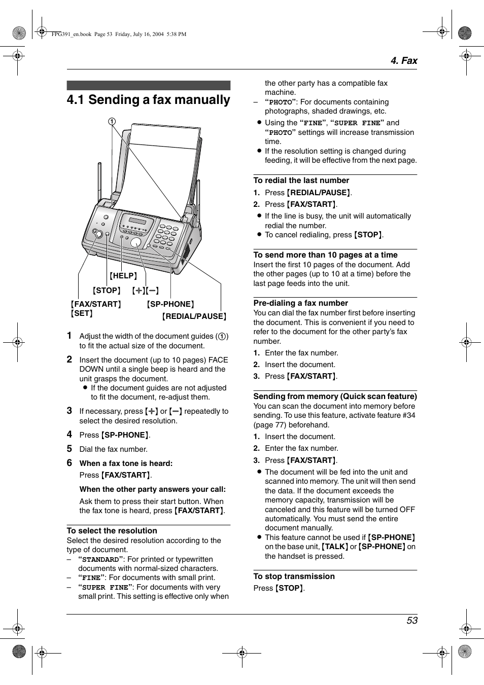 Sending faxes, 1 sending a fax manually, Sending a fax manually | 1 sending a fax manually, Fax 53 | Panasonic KX-FPG391 User Manual | Page 55 / 126