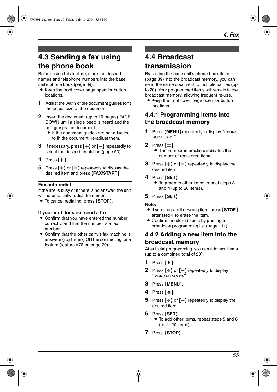 3 sending a fax using the phone book, 4 broadcast transmission, Sending a fax using the phone book | Broadcast transmission, 3 sending a fax using the phone book, 4 broadcast transmission | Panasonic KX-FPG391 User Manual | Page 57 / 126