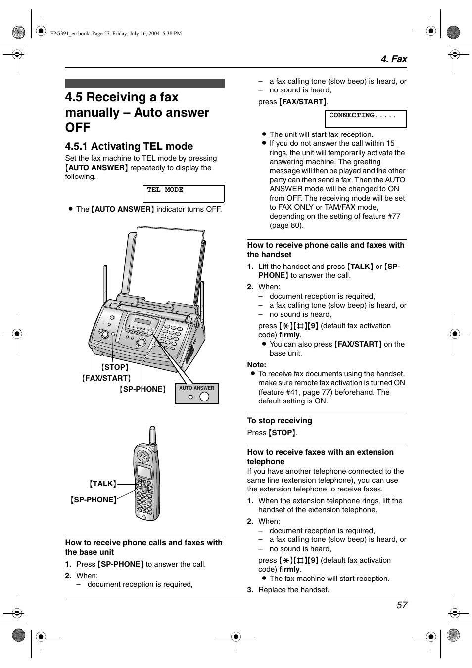 Receiving faxes, 5 receiving a fax manually – auto answer off, Receiving a fax manually – auto answer off | 5 receiving a fax manually – auto answer off, 1 activating tel mode, Fax 57 | Panasonic KX-FPG391 User Manual | Page 59 / 126