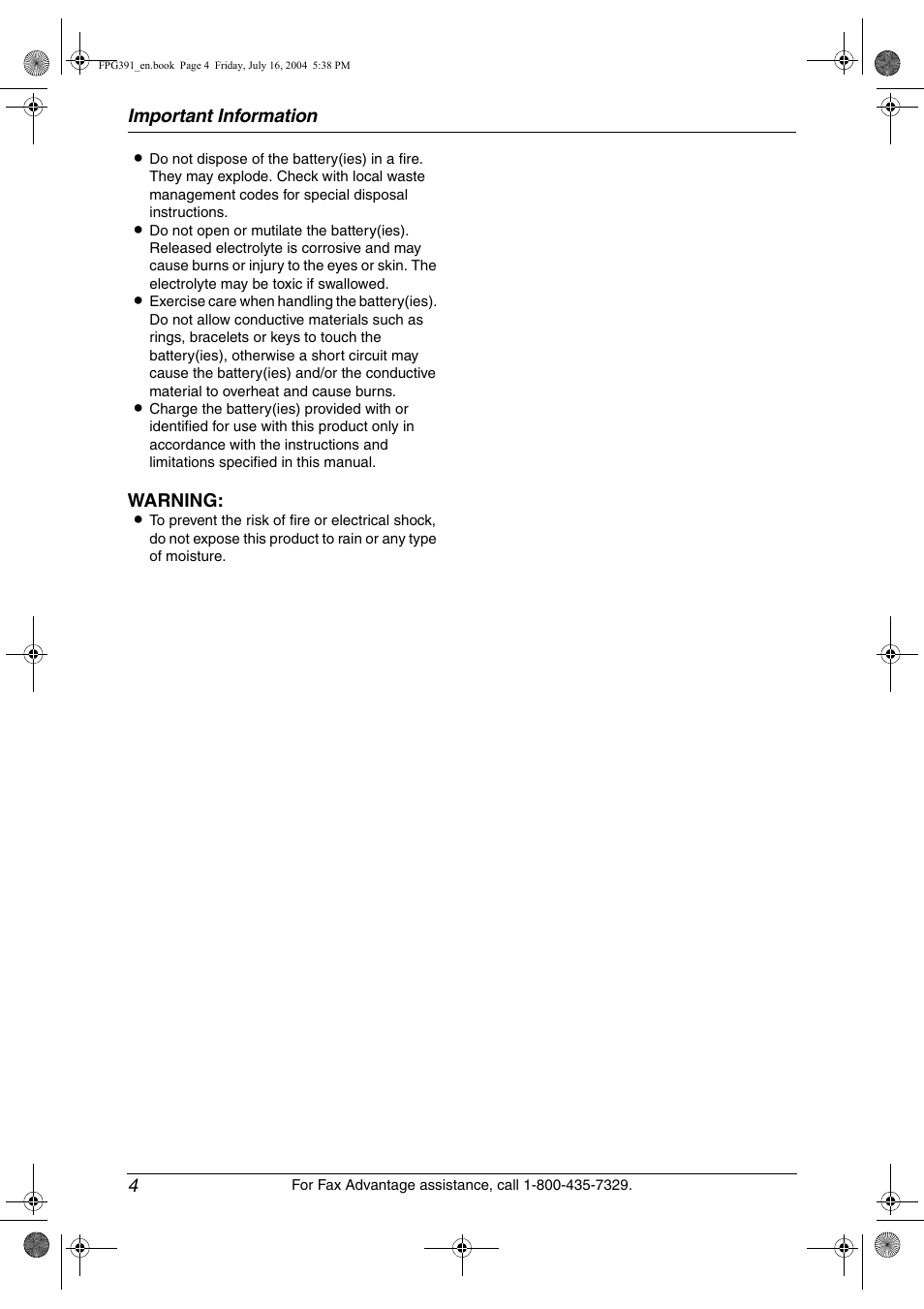 Important information 4, Warning | Panasonic KX-FPG391 User Manual | Page 6 / 126