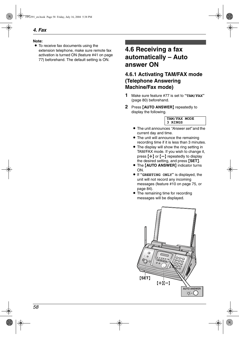 6 receiving a fax automatically – auto answer on, Receiving a fax automatically – auto answer on, 6 receiving a fax automatically – auto answer on | Panasonic KX-FPG391 User Manual | Page 60 / 126