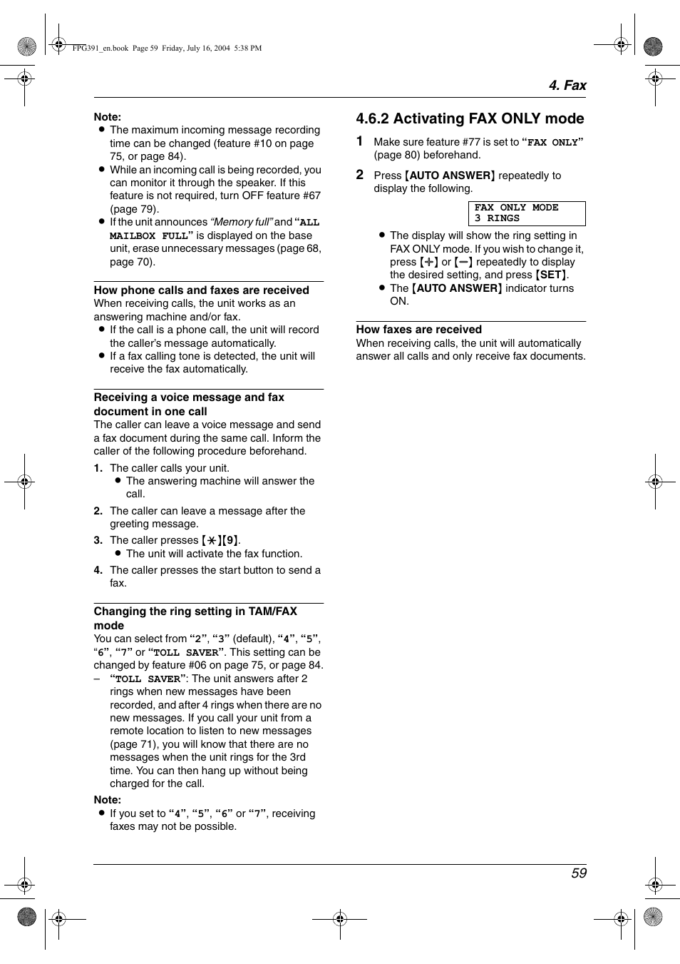 2 activating fax only mode, Fax 59 | Panasonic KX-FPG391 User Manual | Page 61 / 126