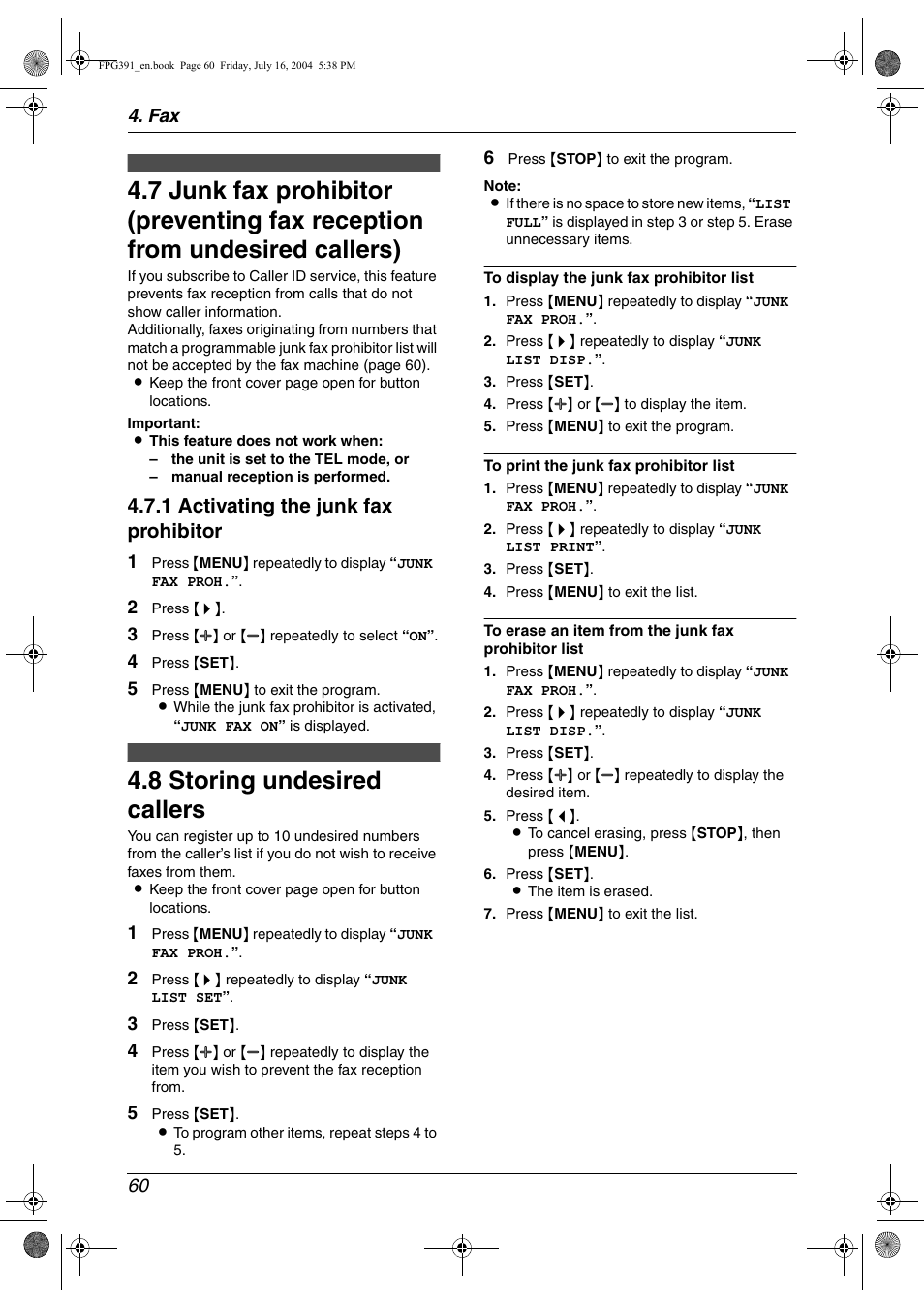 8 storing undesired callers, Storing undesired callers, 8 storing undesired callers | 1 activating the junk fax prohibitor | Panasonic KX-FPG391 User Manual | Page 62 / 126