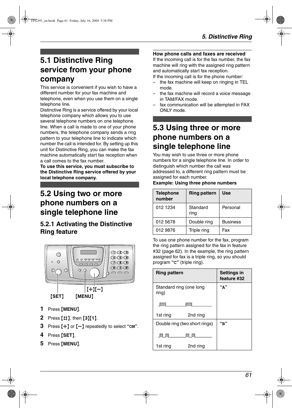 Distinctive ring, Distinctive ring service from your phone company, 1 distinctive ring service from your phone company | 1 activating the distinctive ring feature | Panasonic KX-FPG391 User Manual | Page 63 / 126