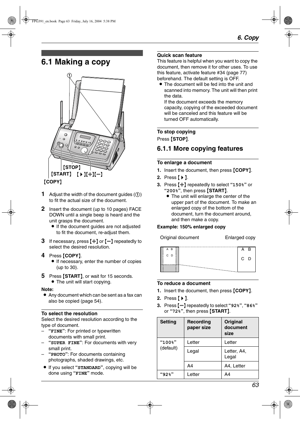 Copy, Copying, 1 making a copy | Making a copy, 1 making a copy, 1 more copying features, Copy 63 | Panasonic KX-FPG391 User Manual | Page 65 / 126