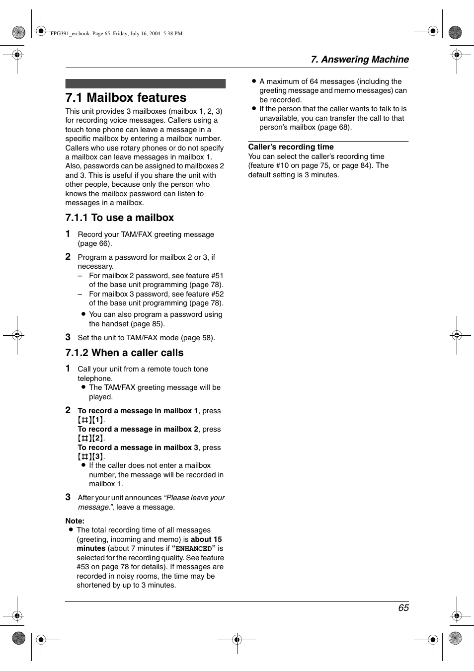 Answering machine, Voice mailbox, 1 mailbox features | Mailbox features, 1 mailbox features, 1 to use a mailbox, 2 when a caller calls, Answering machine 65 | Panasonic KX-FPG391 User Manual | Page 67 / 126