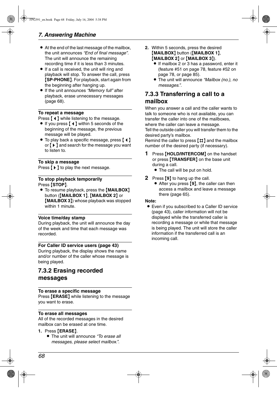2 erasing recorded messages, 3 transferring a call to a mailbox, Answering machine 68 | Panasonic KX-FPG391 User Manual | Page 70 / 126