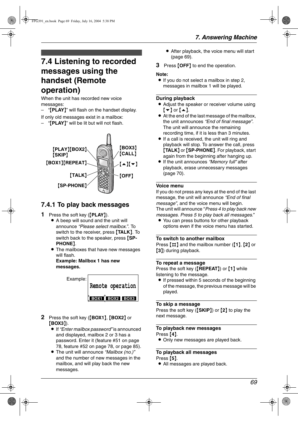 Remote operation, 1 to play back messages, Answering machine 69 | Panasonic KX-FPG391 User Manual | Page 71 / 126