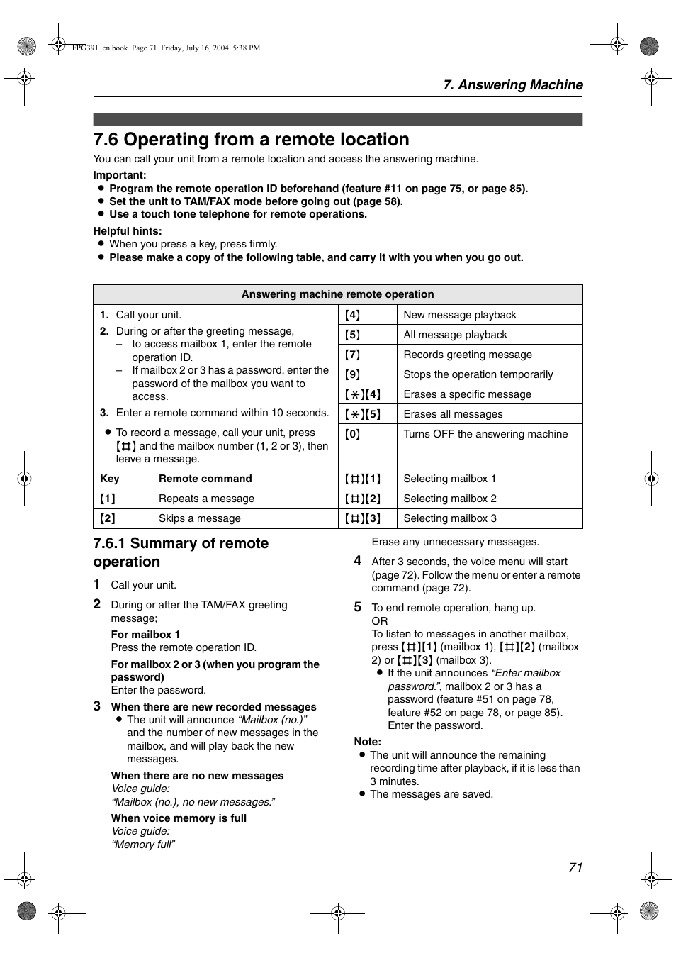 Remote operation, 6 operating from a remote location, Operating from a remote location | 6 operating from a remote location, 1 summary of remote operation, Answering machine 71 | Panasonic KX-FPG391 User Manual | Page 73 / 126
