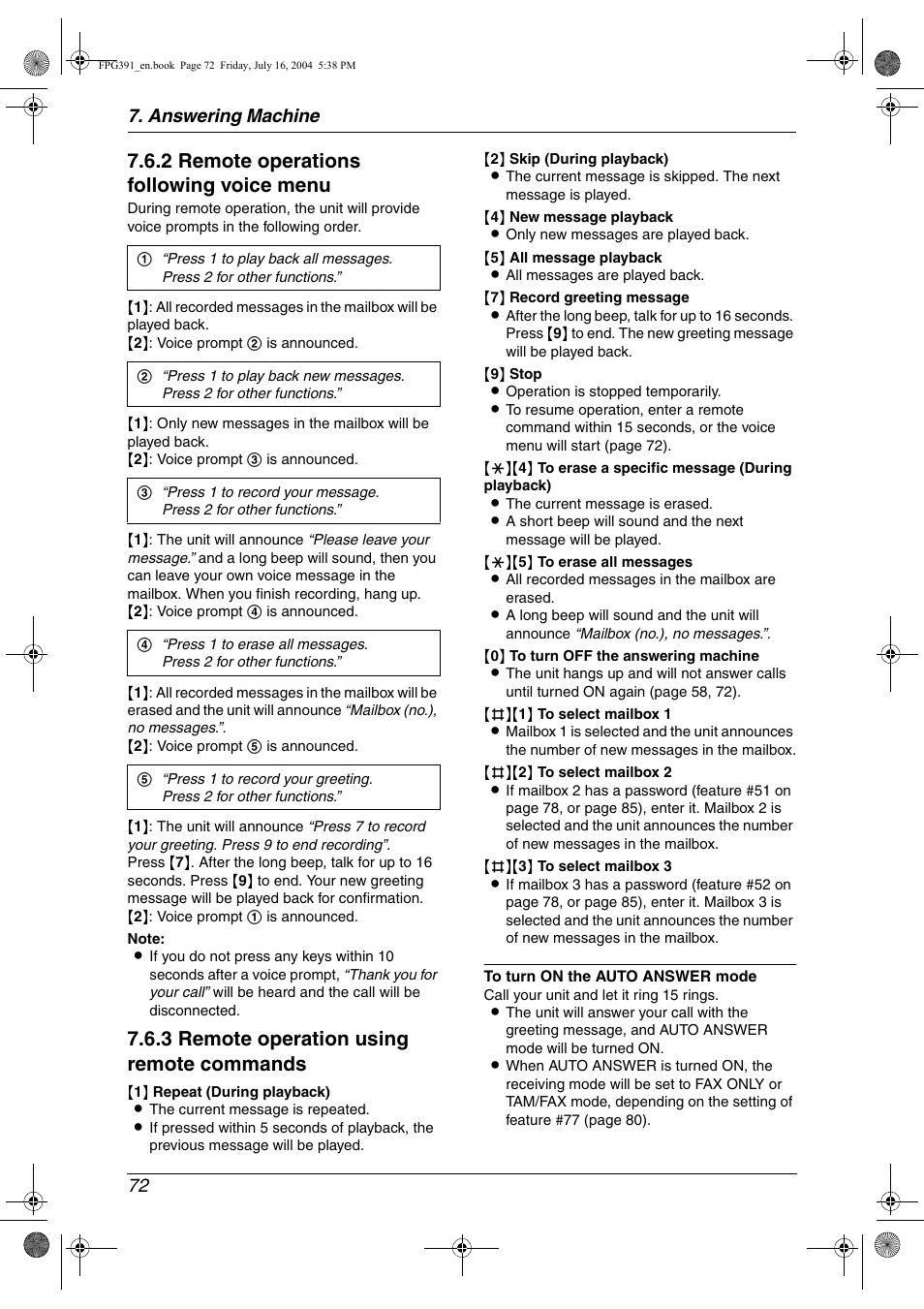 2 remote operations following voice menu, 3 remote operation using remote commands, Answering machine 72 | Panasonic KX-FPG391 User Manual | Page 74 / 126