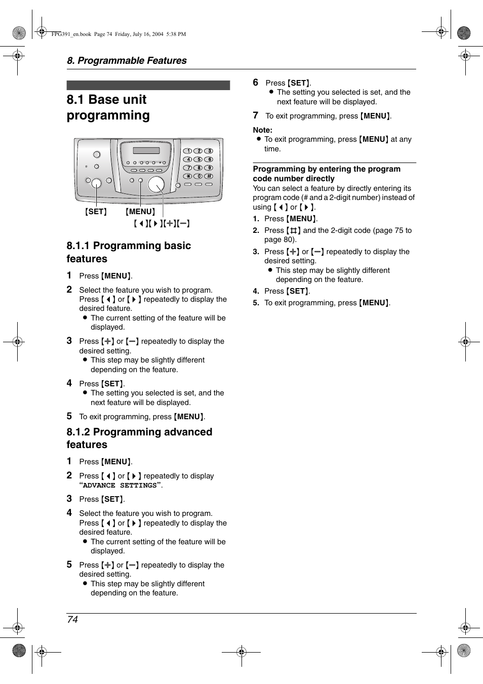 Programmable features, Features (base unit), 1 base unit programming | Base unit programming, 1 base unit programming, 1 programming basic features, 2 programming advanced features | Panasonic KX-FPG391 User Manual | Page 76 / 126