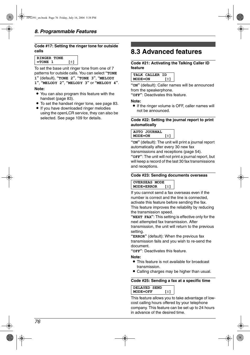 3 advanced features, Advanced features, 3 advanced features | Programmable features 76 | Panasonic KX-FPG391 User Manual | Page 78 / 126