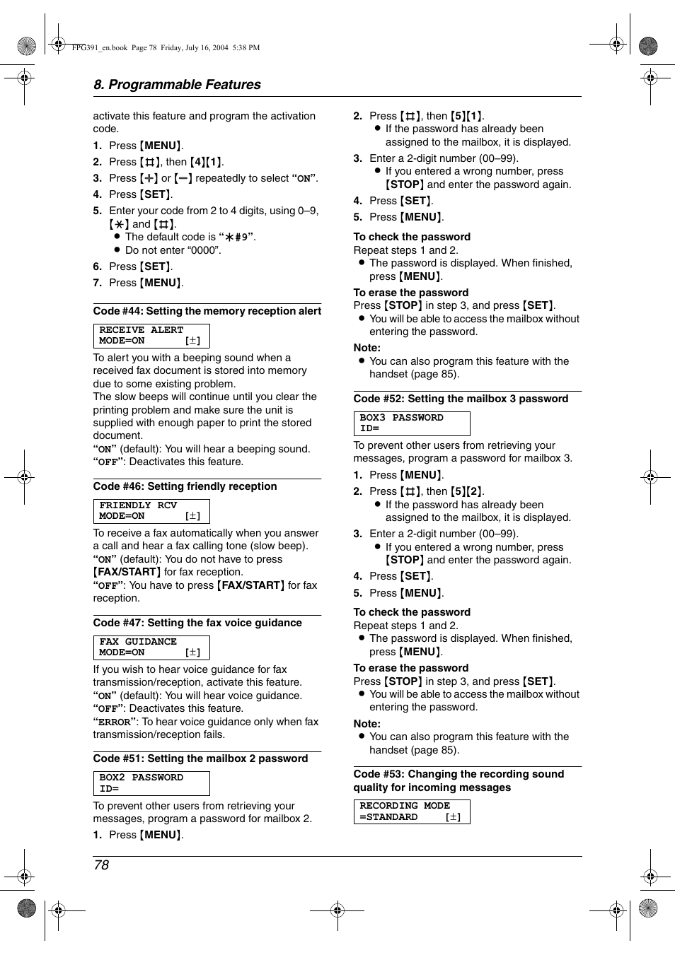 Programmable features 78 | Panasonic KX-FPG391 User Manual | Page 80 / 126