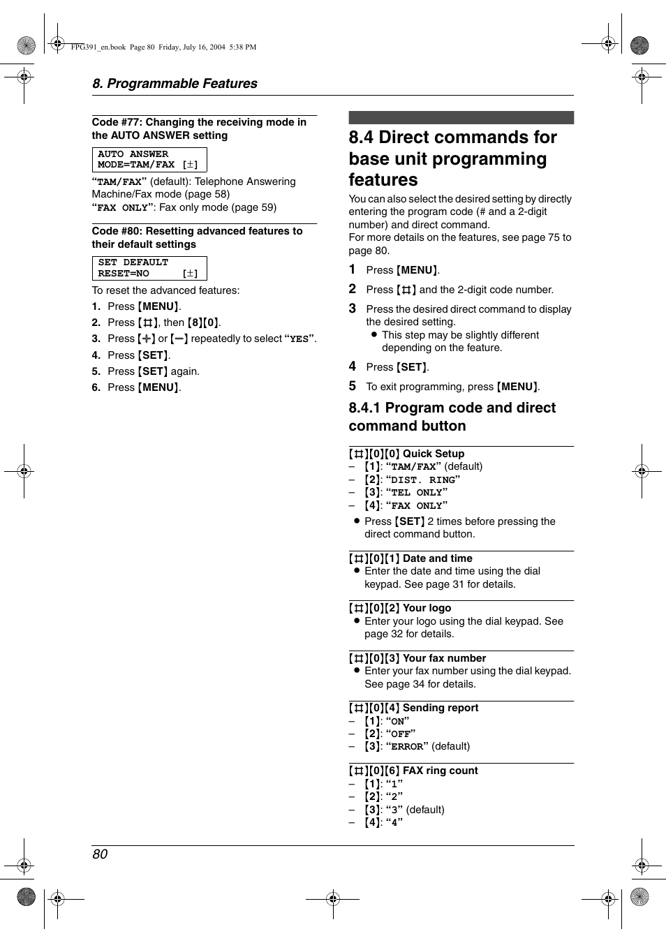 Direct commands for base unit programming features, 1 program code and direct command button, Programmable features 80 | Panasonic KX-FPG391 User Manual | Page 82 / 126