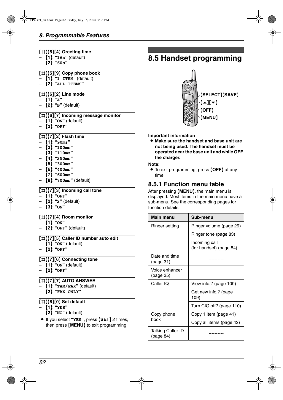 Features (handset), 5 handset programming, Handset programming | 5 handset programming, 1 function menu table, Programmable features 82 | Panasonic KX-FPG391 User Manual | Page 84 / 126
