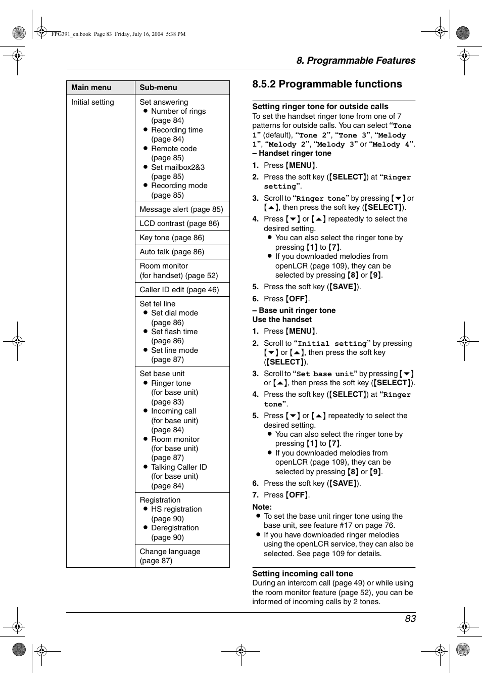 2 programmable functions, Programmable features 83 | Panasonic KX-FPG391 User Manual | Page 85 / 126