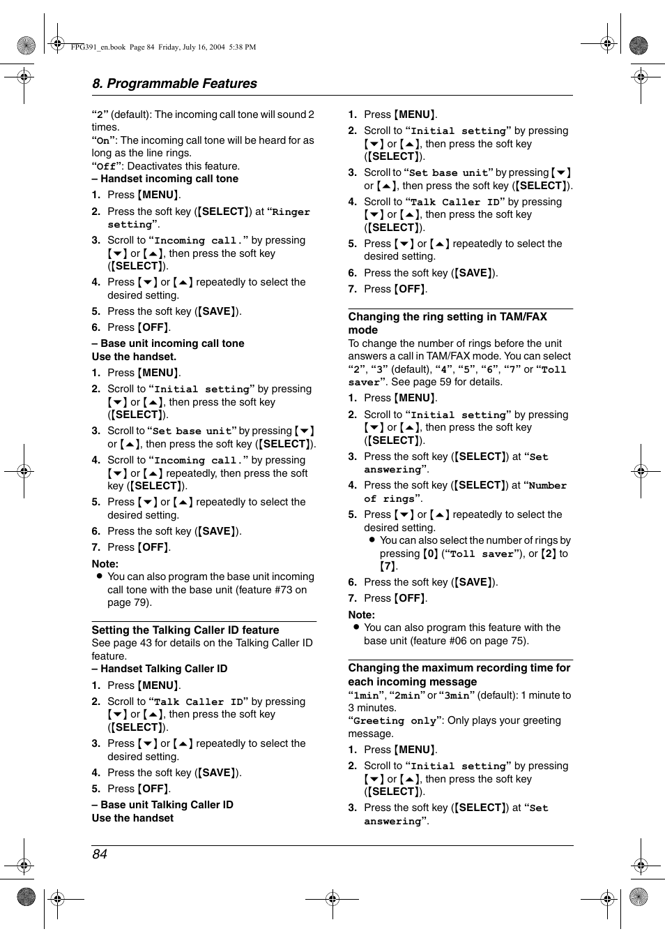 Programmable features 84 | Panasonic KX-FPG391 User Manual | Page 86 / 126