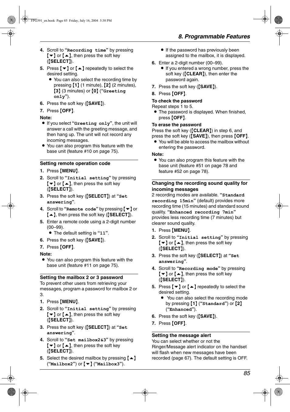 E 85), Programmable features 85 | Panasonic KX-FPG391 User Manual | Page 87 / 126
