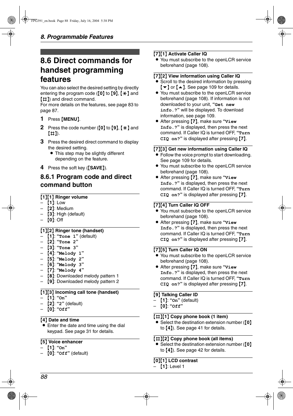 Direct commands for handset programming features, 6 direct commands for handset programming features, 1 program code and direct command button | Programmable features 88 | Panasonic KX-FPG391 User Manual | Page 90 / 126