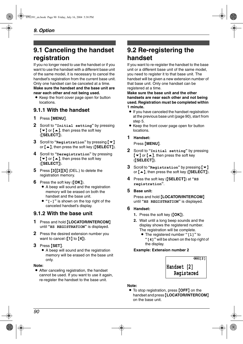 Option, Handset registration, 1 canceling the handset registration | 2 re-registering the handset, Canceling the handset registration, Re-registering the handset, 1 canceling the handset registration, 2 re-registering the handset, Handset [2] registered, 1 with the handset | Panasonic KX-FPG391 User Manual | Page 92 / 126