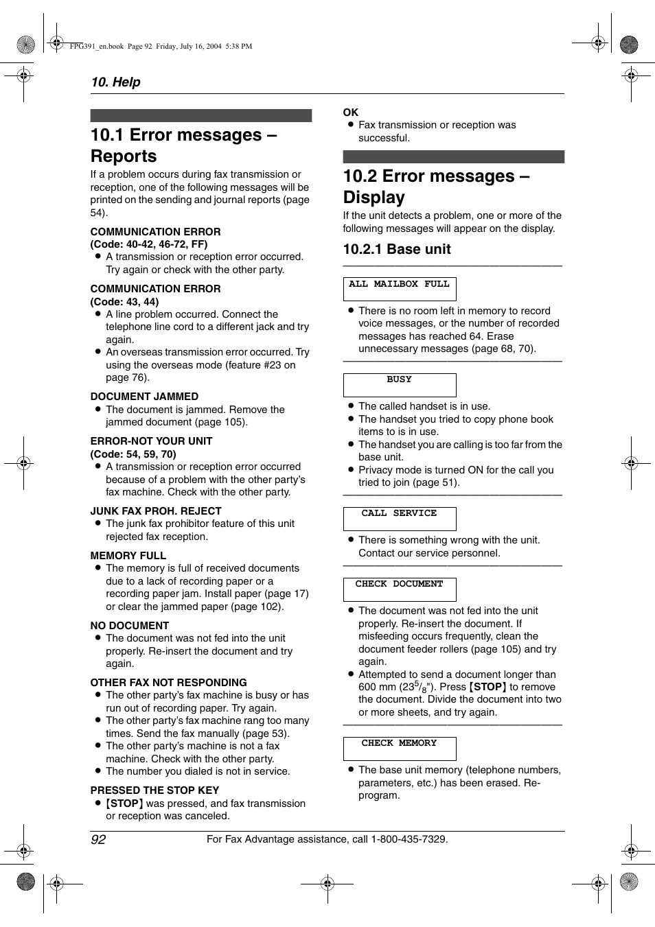 Help, Error messages, 1 error messages – reports | 2 error messages – display, Error messages – reports, Error messages – display, 1 error messages – reports, 2 error messages – display, 1 base unit, Help 92 | Panasonic KX-FPG391 User Manual | Page 94 / 126