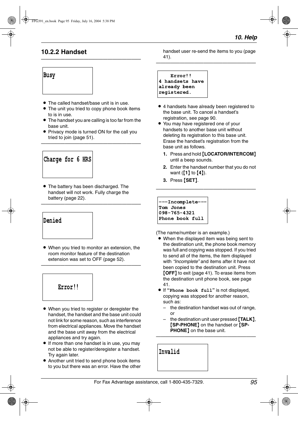 Kio charge for 6 hrs denied error, Invalid, 2 handset | Panasonic KX-FPG391 User Manual | Page 97 / 126
