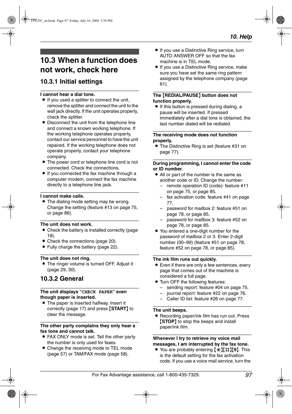 Troubleshooting, 3 when a function does not work, check here, When a function does not work, check | Here, 3 when a function does not work, check here, 1 initial settings, 2 general, Help 97 | Panasonic KX-FPG391 User Manual | Page 99 / 126