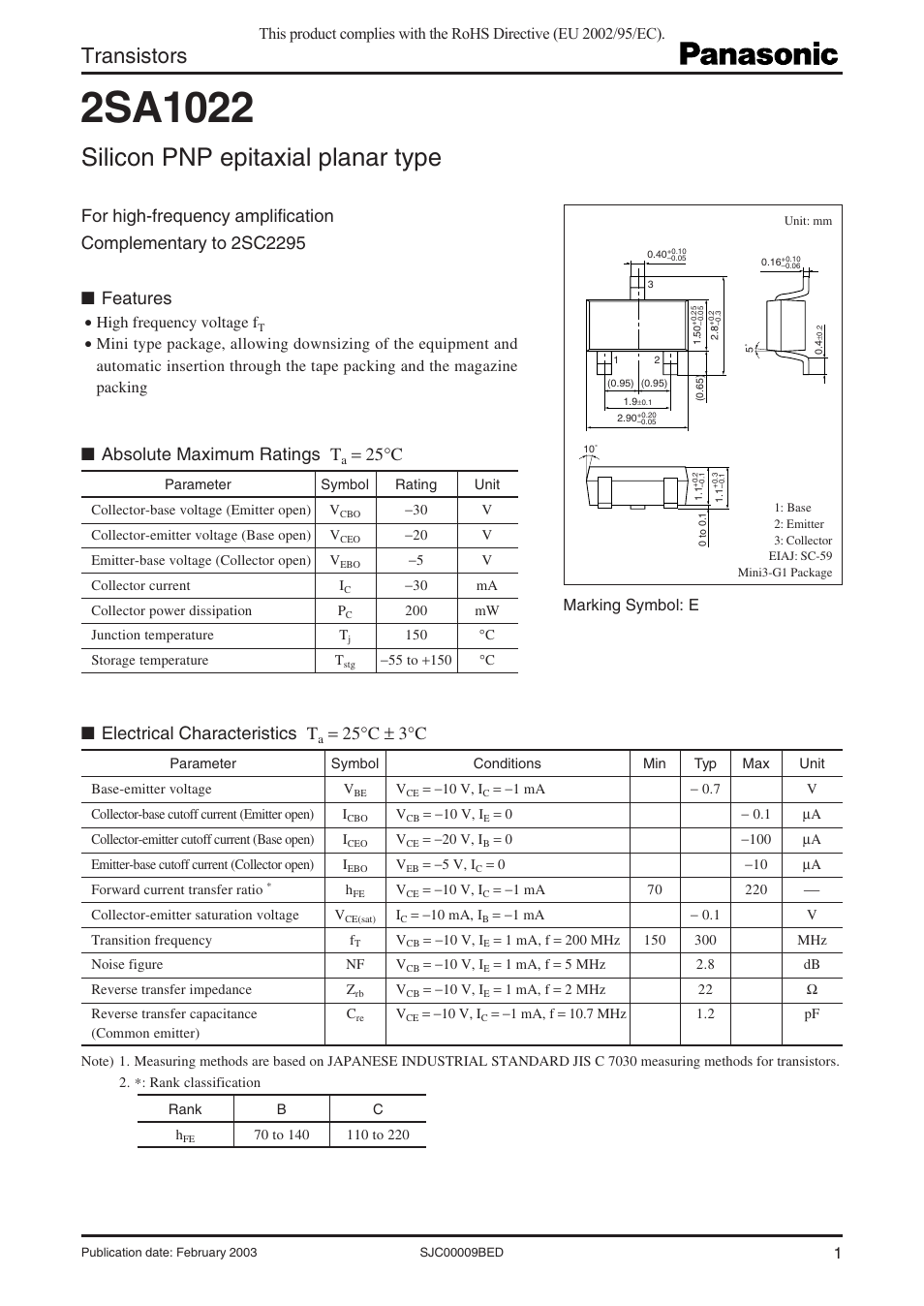 Panasonic 2SA1022 User Manual | 3 pages