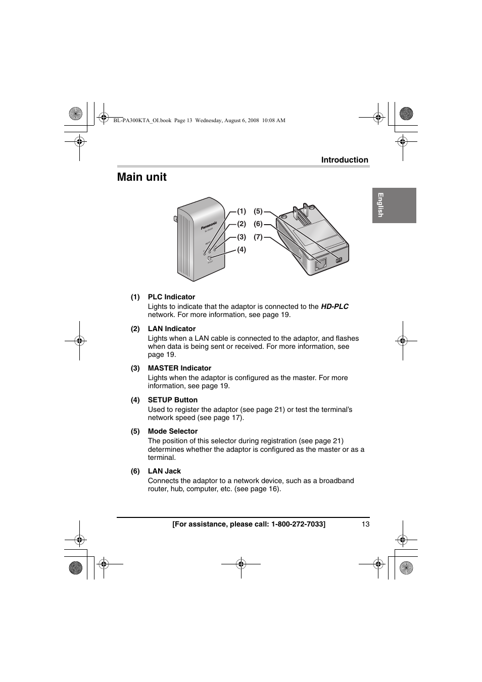 Main unit, Introduction | Panasonic BL-PA300KTA User Manual | Page 13 / 64