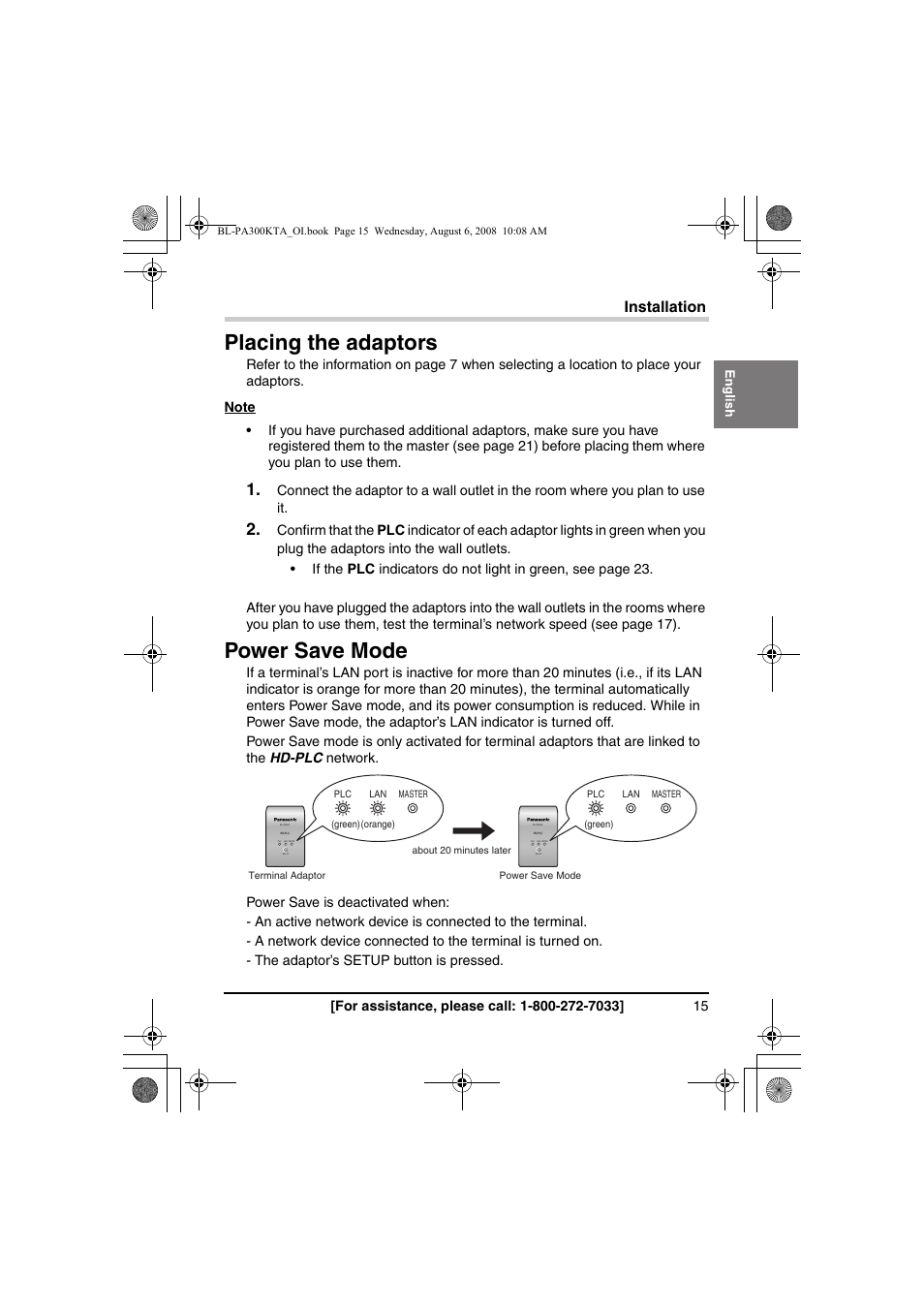 Installation, Placing the adaptors power save mode, Placing the adaptors | Power save mode | Panasonic BL-PA300KTA User Manual | Page 15 / 64