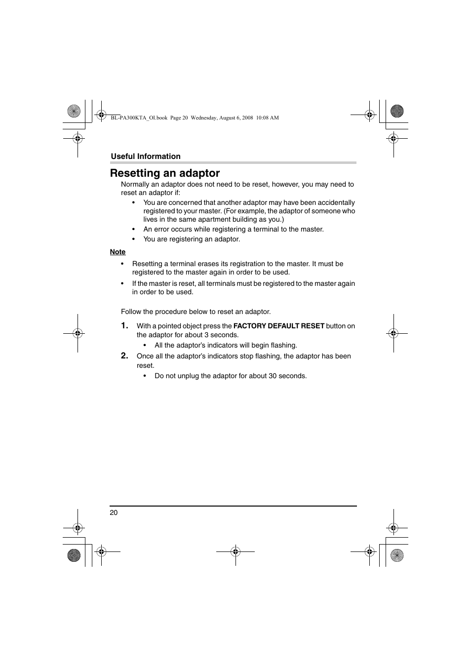 Resetting an adaptor | Panasonic BL-PA300KTA User Manual | Page 20 / 64