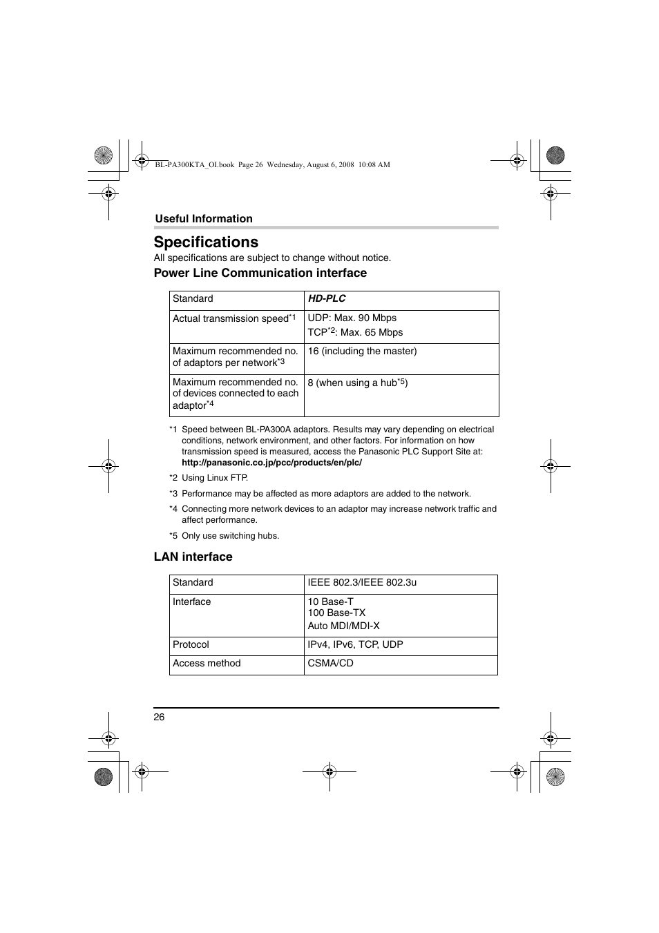 Specifications | Panasonic BL-PA300KTA User Manual | Page 26 / 64