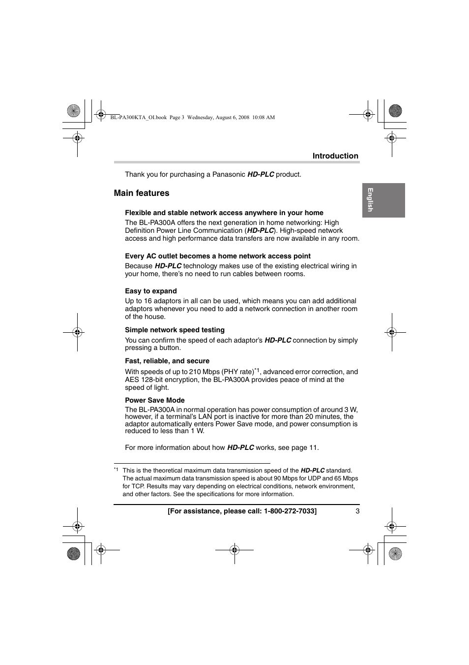 Introduction, Main features | Panasonic BL-PA300KTA User Manual | Page 3 / 64