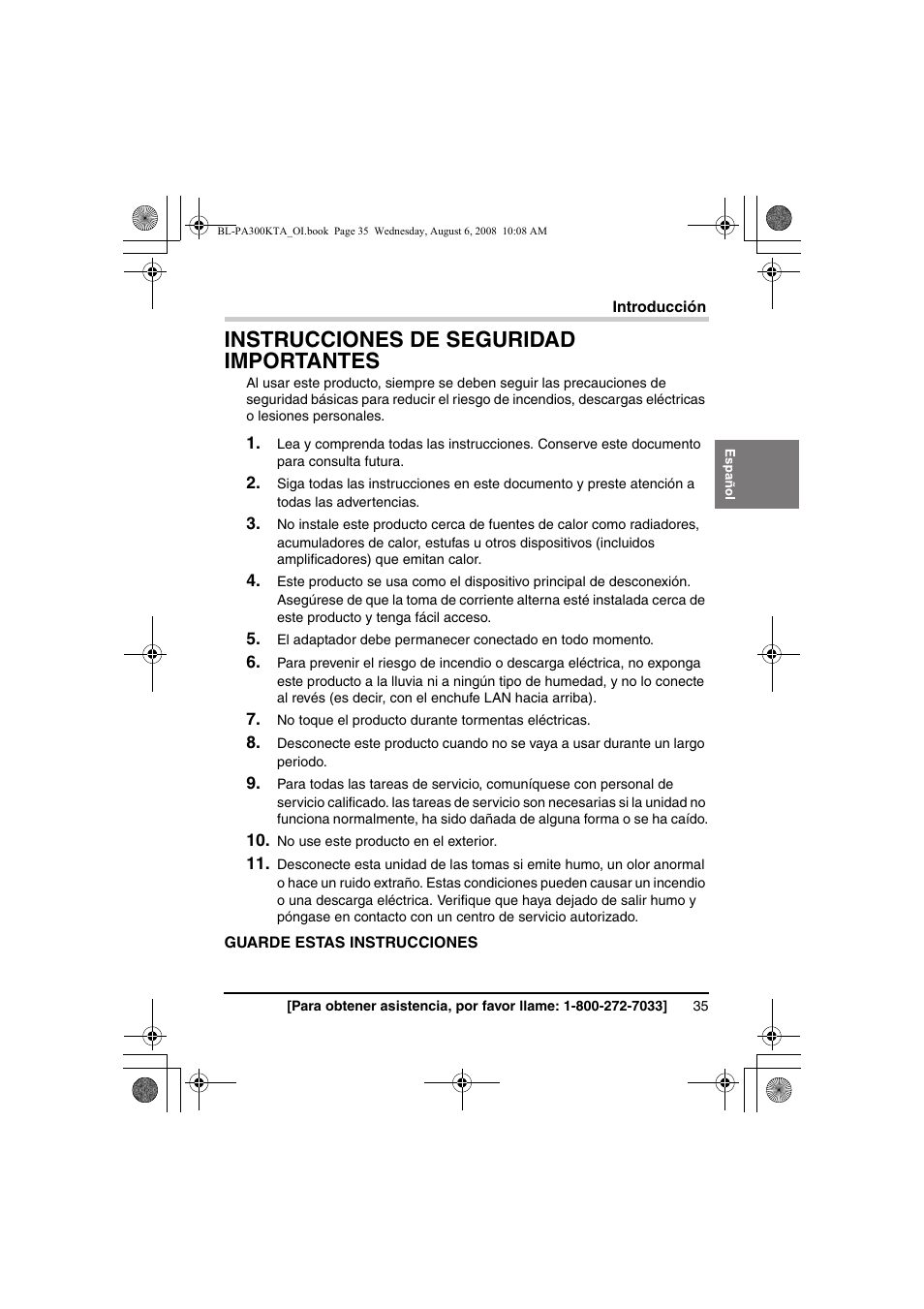 Instrucciones de seguridad importantes | Panasonic BL-PA300KTA User Manual | Page 35 / 64