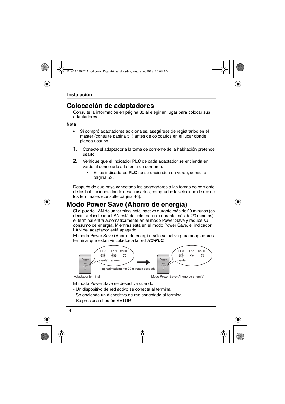 Instalación, Colocación de adaptadores, Modo power save (ahorro de energía) | Panasonic BL-PA300KTA User Manual | Page 44 / 64