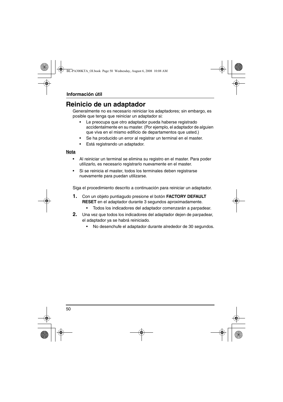 Reinicio de un adaptador | Panasonic BL-PA300KTA User Manual | Page 50 / 64