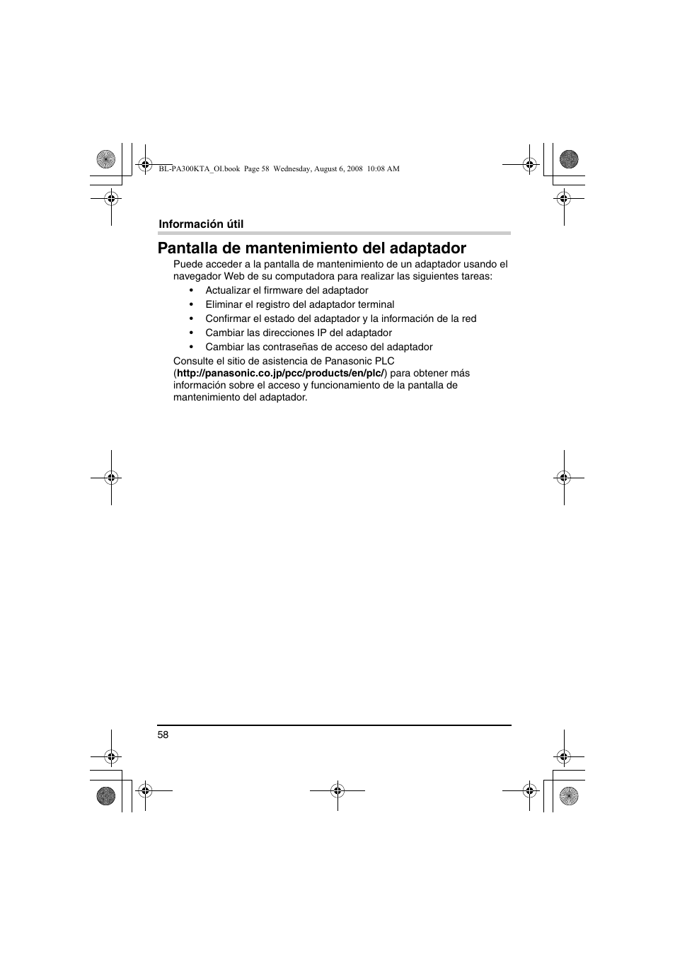 Pantalla de mantenimiento del adaptador | Panasonic BL-PA300KTA User Manual | Page 58 / 64