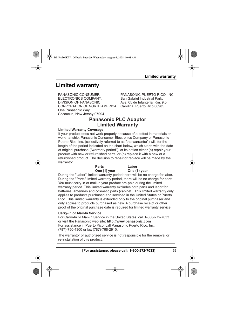 Limited warranty, Panasonic plc adaptor limited warranty | Panasonic BL-PA300KTA User Manual | Page 59 / 64