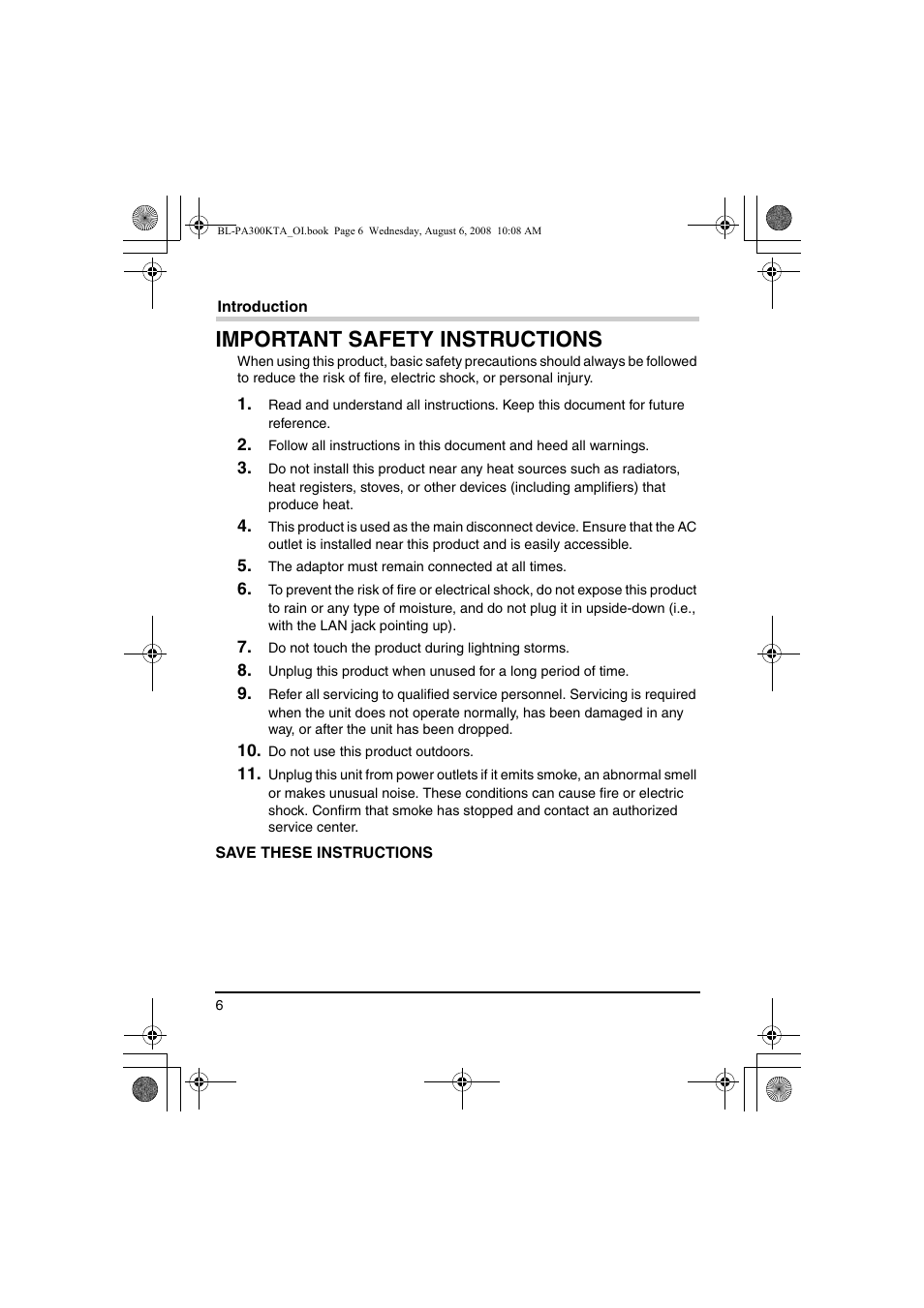 Important safety instructions | Panasonic BL-PA300KTA User Manual | Page 6 / 64