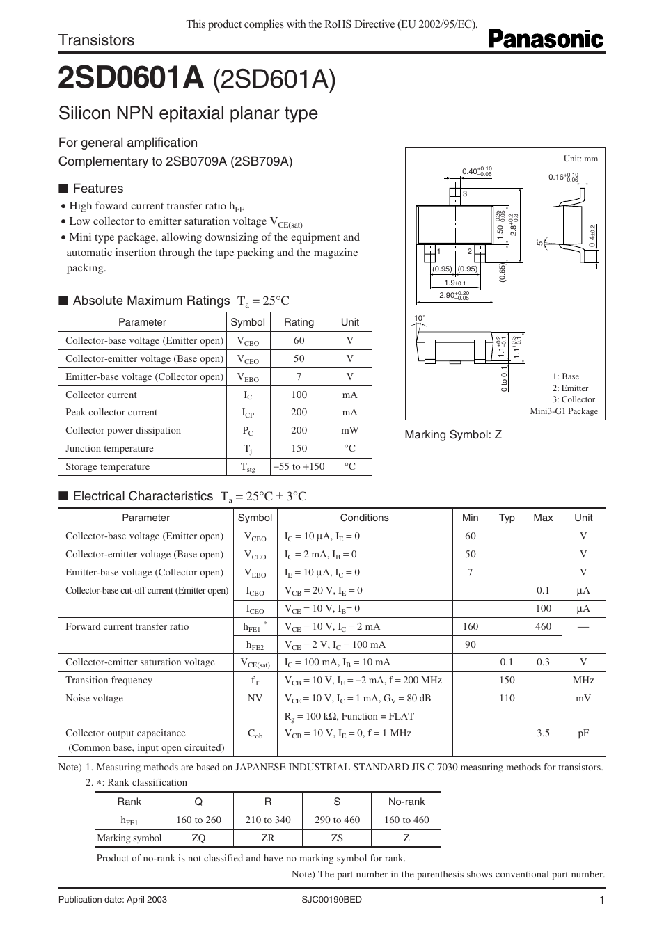 Panasonic 2SD0601A User Manual | 3 pages