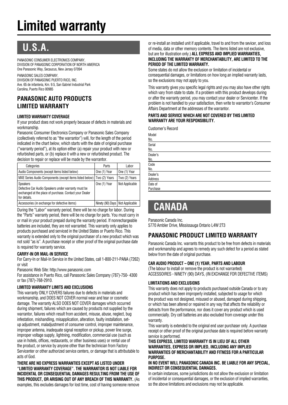 Limited warranty, U.s.a, Canada | Panasonic auto products limited warranty, Panasonic product limited warranty | Panasonic CY-RC50KU User Manual | Page 10 / 20