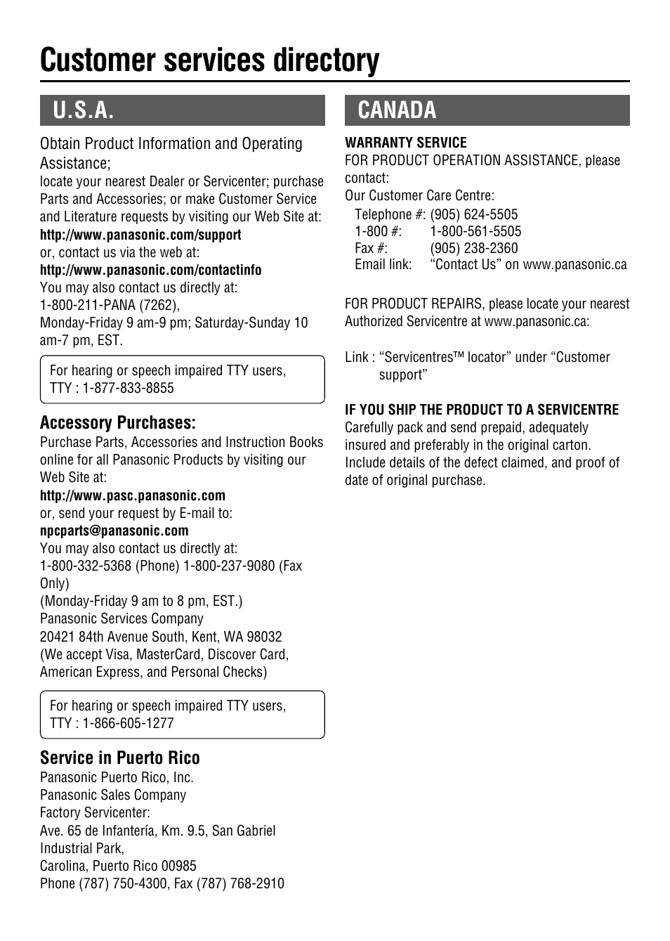 Customer services directory, Canada, U.s.a | Panasonic CY-RC50KU User Manual | Page 5 / 20