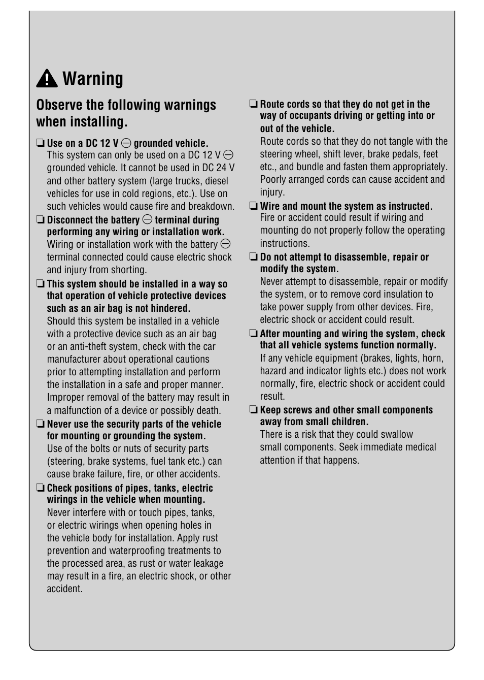 Warning, Observe the following warnings when installing | Panasonic CY-RC50KU User Manual | Page 7 / 20